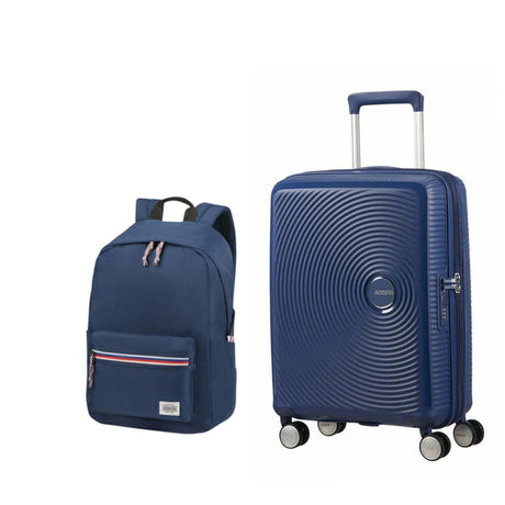 Pakiet Walizka kabinowa Soundbox + Up Backpack American Tourister granatowy