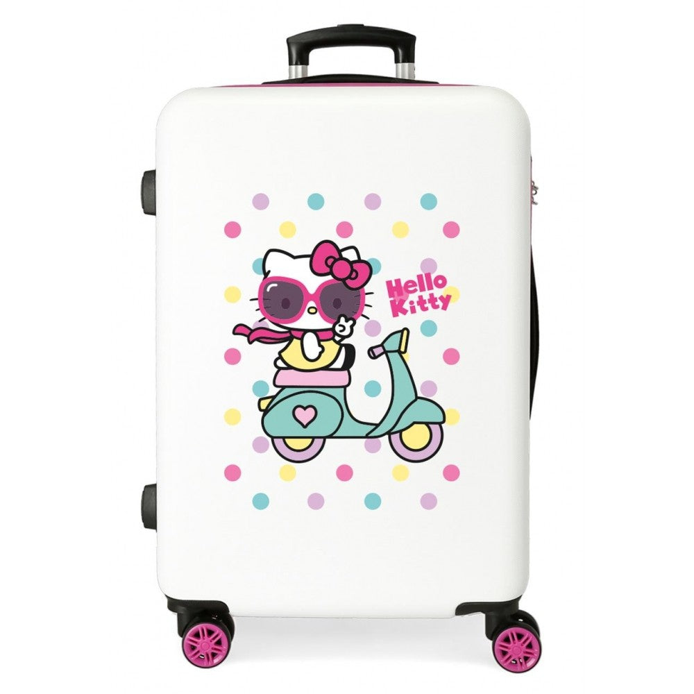 Mediane koffermeisje Girl Bello Kitty rigide 68 cm wit en roze